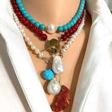 Lade das Bild in den Galerie-Viewer, Hand Knotted Freshwater Pearl Necklace with Baroque Pearl &amp; Red Coral Pendants | Turquoise Charm | Summer Jewelry | Silver Details | 18.5&quot;
