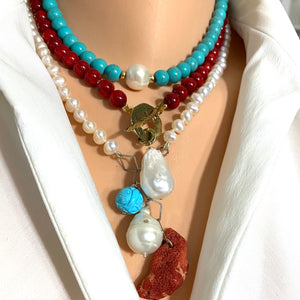 Hand Knotted Freshwater Pearl Necklace with Baroque Pearl & Red Coral Pendants | Turquoise Charm | Summer Jewelry | Silver Details | 18.5"