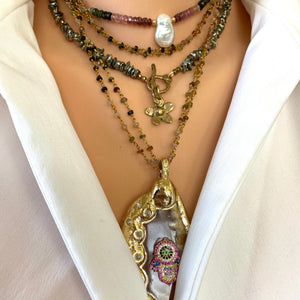 Tourmaline Collar Necklace w Freshwater Pearl, Gold Filled Details, 13"in