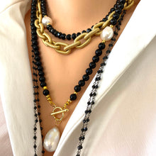 Lade das Bild in den Galerie-Viewer, Black Onyx, Gold Pyrite &amp; Genuine Baroque Pearl Necklace, 18&quot;- 20&quot;inches
