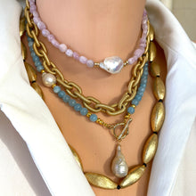 Charger l&#39;image dans la galerie, Kunzite and Baroque Pearl Necklace with Gold Filled Beads and Closure, Kunzite Crystal Jewelry
