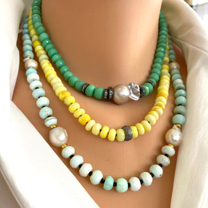 Collier de perles d'opale jaune naturelle, collier pavé de diamants