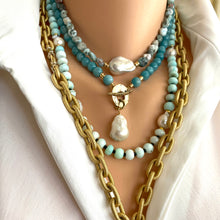 Load image into Gallery viewer, Large Blue Amazonite Beads and White Baroque Pearl Necklace, Gold Filled &amp; Gold Bronze Toggle Necklace, 18&#39;in

