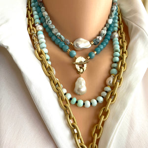 Large Blue Amazonite Beads and White Baroque Pearl Necklace, Gold Filled & Gold Bronze Toggle Necklace, 18'in