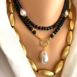 Black Onyx with Shell Beads and Freshwater Baroque Pearl Choker Necklace,16"inches