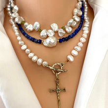 Load image into Gallery viewer, Delicate Lapis Lazuli Beaded Necklace with Fresh Water White Baroque Pearl, 17&quot;inches
