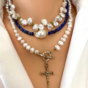 Delicate Lapis Lazuli Beaded Necklace with Fresh Water White Baroque Pearl