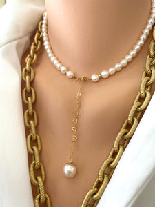 Elegant Freshwater Pearl Necklace w Gold Filled Heart Chain