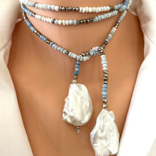 Charger l&#39;image dans la galerie, Shades of Blue Opal w Pyrites &amp; Baroque Pearls Ombre Lariat Necklace
