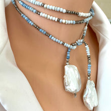 Charger l&#39;image dans la galerie, Shades of Blue Opal w Pyrites &amp; Baroque Pearls Ombre Lariat Necklace
