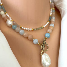 Carica l&#39;immagine nel visualizzatore di Gallery, Morganite &amp; Aquamarine w Baroque Pearl Toggle Necklace, Gold Filled, Gold Bronze, 19&quot;in
