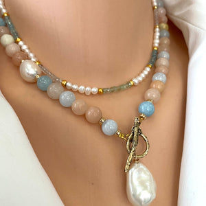 Morganite & Aquamarine w Baroque Pearl Toggle Necklace, Gold Filled, Gold Bronze, 19"in