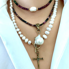 Load image into Gallery viewer, Tourmaline &amp; Baroque Pearl Pendant Necklace w Artisan Gold Bronze Bail, October Birthstone
