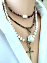 Load image into Gallery viewer, Tourmaline Collar Necklace w Freshwater Pearl, Gold Filled Details, 13&quot;in
