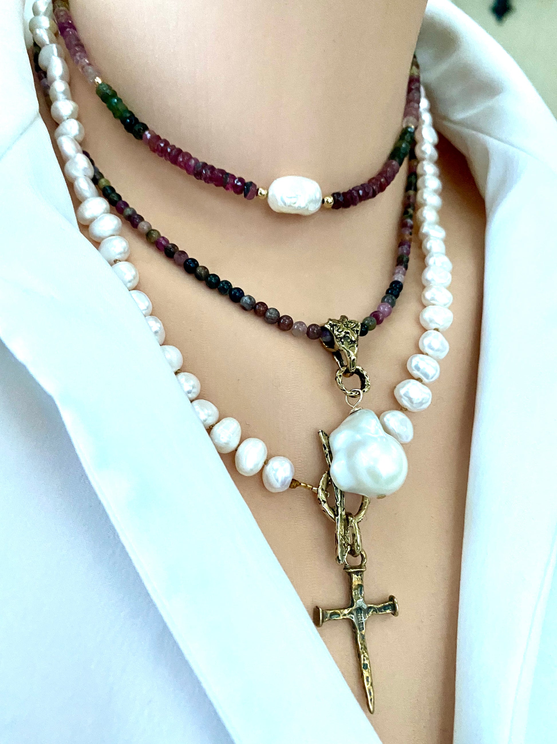 Tourmaline pearl necklace handmade in Canada with baroque pearl pendant and gold filled details