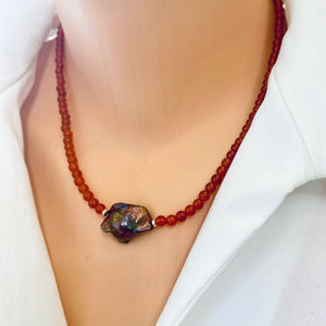 Burnt Orange Carnelian Beaded Necklace Chain with Fresh Water Peacock Baroque Pearl, Gold Filled, 16.5"inches