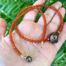 Load image into Gallery viewer, Burnt Orange Carnelian Beaded Necklace Chain with Fresh Water Peacock Baroque Pearl, Gold Filled, 16.5&quot;inches
