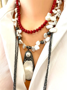 Red Coral Short Necklace with Natural Baroque Pearl and Sterling Silver Details, 18"inches