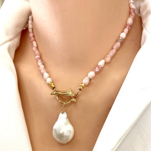 Genuine Pink Opal Baroque Beads with Honey Bees Toggle Clasp and White Baroque Pearl, Opal Jewelry