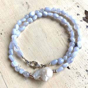 Blue Lace Agate & Baroque Pearl Necklace