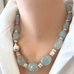 Aqua Chalcedony Necklace w Pink Opal and Baroque Pearl, Vermeil, 20"inches