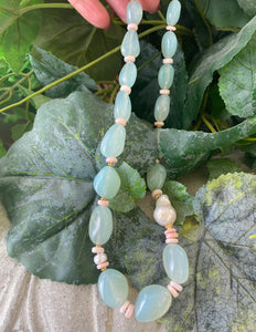Aqua Chalcedony Necklace w Pink Opal and Baroque Pearl, Vermeil, 20"inches