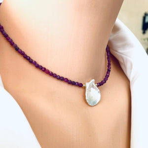 Ruby & Single Keshi Pearl Choker Necklace, July Birthstone