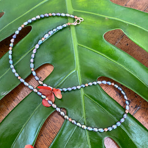 Black Mini Rice pearl Necklace w Solid Copper Beads & Rose Gold Filled Closure, 14.5 to 19"inches