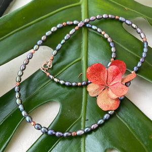 Black Mini Rice pearl Necklace w Solid Copper Beads & Rose Gold Filled Closure, 14.5 to 19"inches