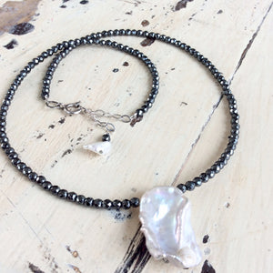 Hematite and White Baroque Pearl Short Necklace, Modern Jewelry, Single Pearl Necklace