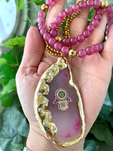 Chunky Hamsa Hot Pink Agate Pendant Necklace