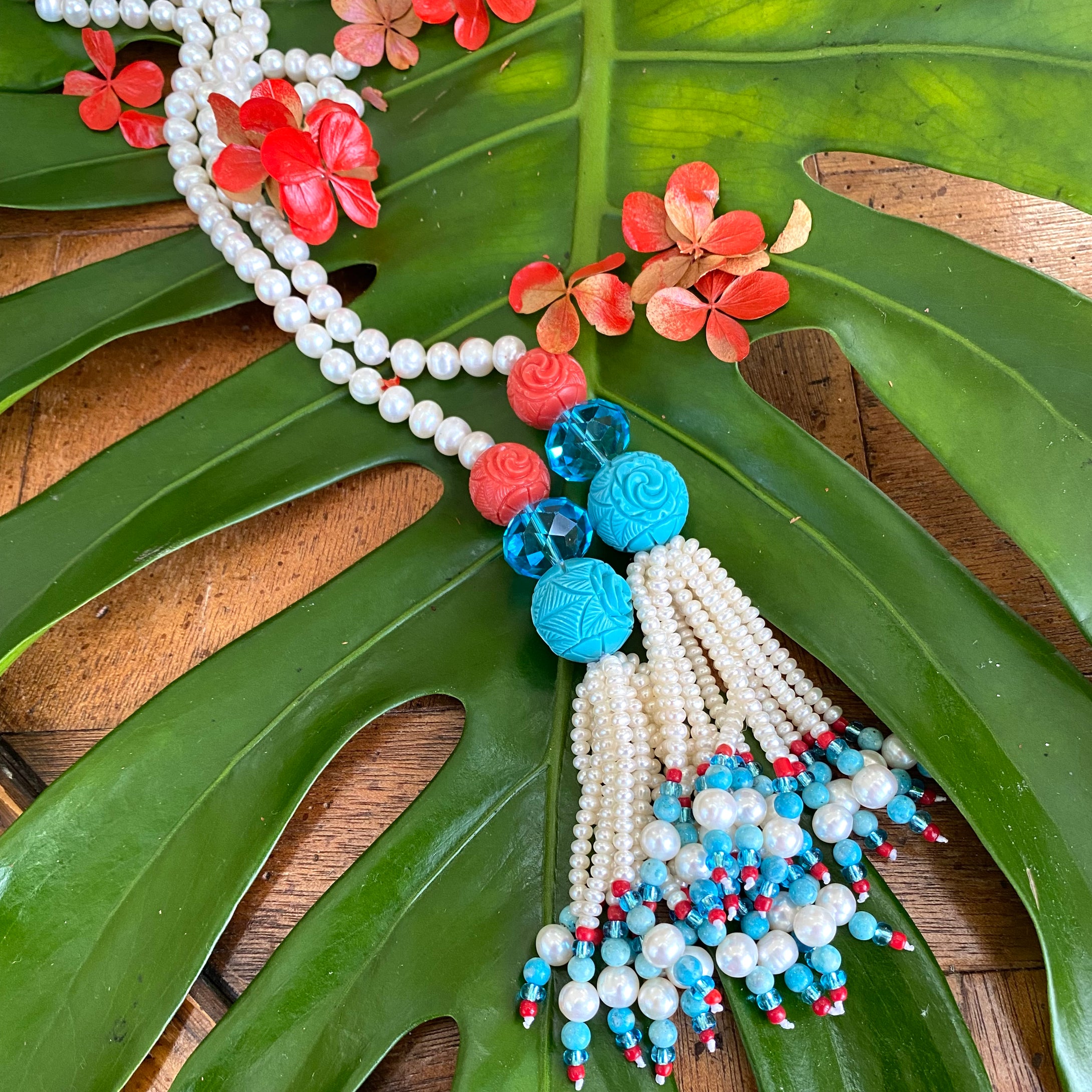 Pearl Lariat Necklace w Coral & Turquoise
