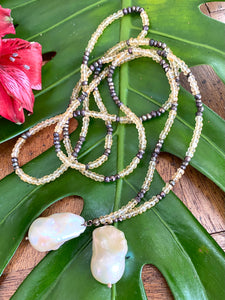 Ombre Citrine & Pyrites w Baroque Pearls Open Lariat Necklace