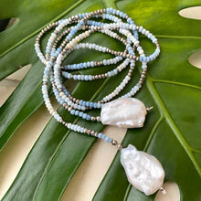Charger l&#39;image dans la galerie, Shades of Blue Opal w Pyrites &amp; Baroque Pearls Ombre Lariat Necklace

