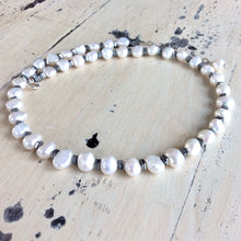 Load image into Gallery viewer, Genuine Fresh Water White Pearls w Hematite Beads Choker Necklace
