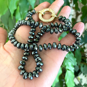 Festive Hematite Candy Necklace w Gold Plated Statement Clasp, 20.5"inches, Hand Knotted