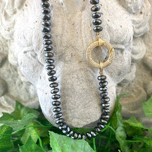 Festive Hematite Candy Necklace w Gold Plated Statement Clasp, 20.5"inches, Hand Knotted