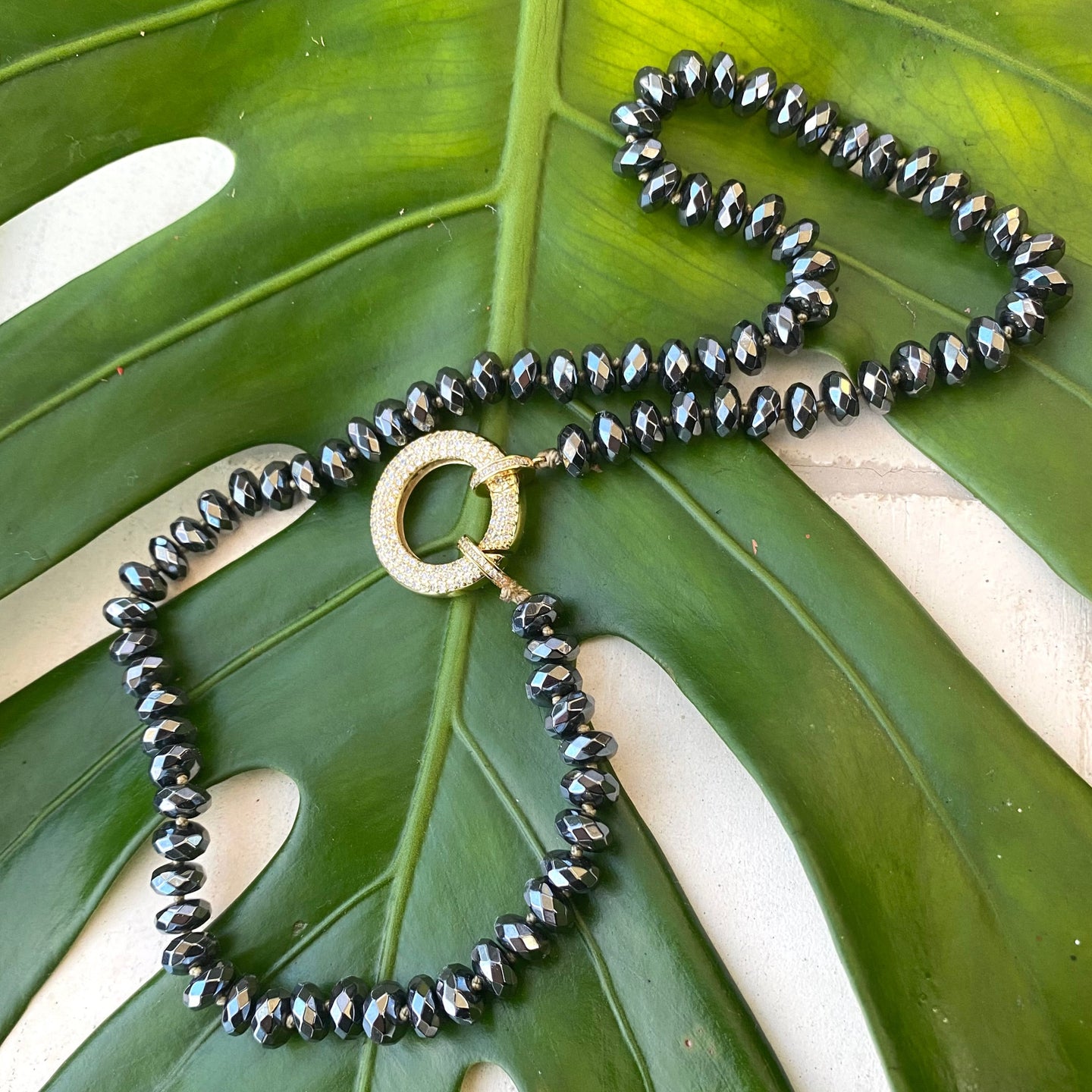 Festive Hematite Candy Necklace w Gold Plated Statement Clasp, 20.5