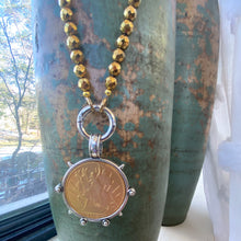 Cargar imagen en el visor de la galería, Chunky Gold Hematite Beads and Repro Mexican Peso Coin Pendant Necklace, 28&quot;inches

