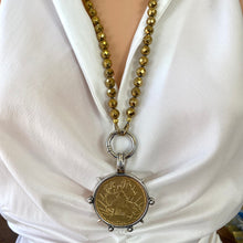 Charger l&#39;image dans la galerie, Chunky Gold Hematite Beads and Repro Mexican Peso Coin Pendant Necklace, 28&quot;inches
