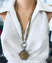 Carica l&#39;immagine nel visualizzatore di Gallery, Chunky Gold Hematite Beads and Repro Mexican Peso Coin Pendant Necklace, 28&quot;inches

