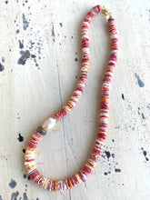 Load image into Gallery viewer, Multi Pectin Shell Heishi Beads Necklace w a Single Pearl &amp; Diamond Pave Details, 18&quot;in
