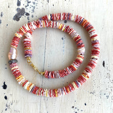 Load image into Gallery viewer, Multi Pectin Shell Heishi Beads Necklace w a Single Pearl &amp; Diamond Pave Details, 18&quot;in
