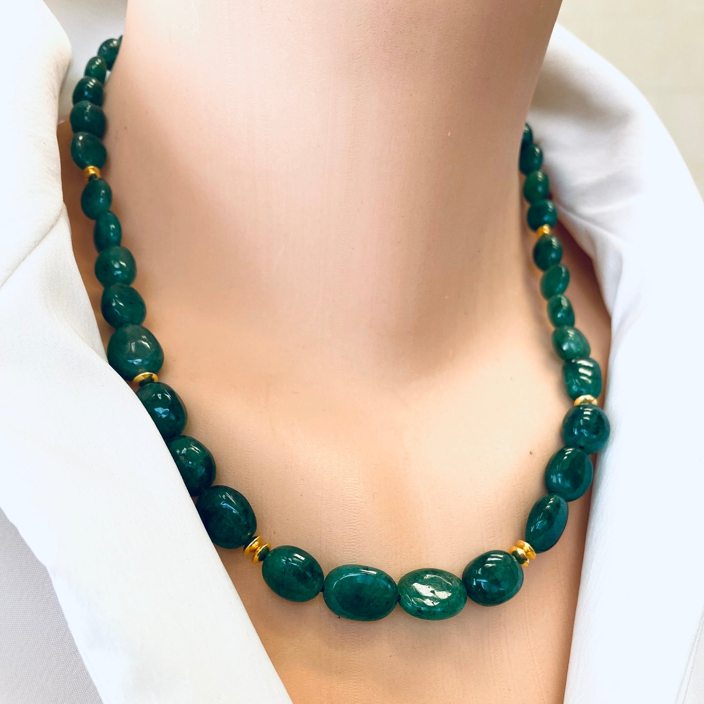 Emerald Smooth Oval Beads Necklace, Vermeil, 19.5