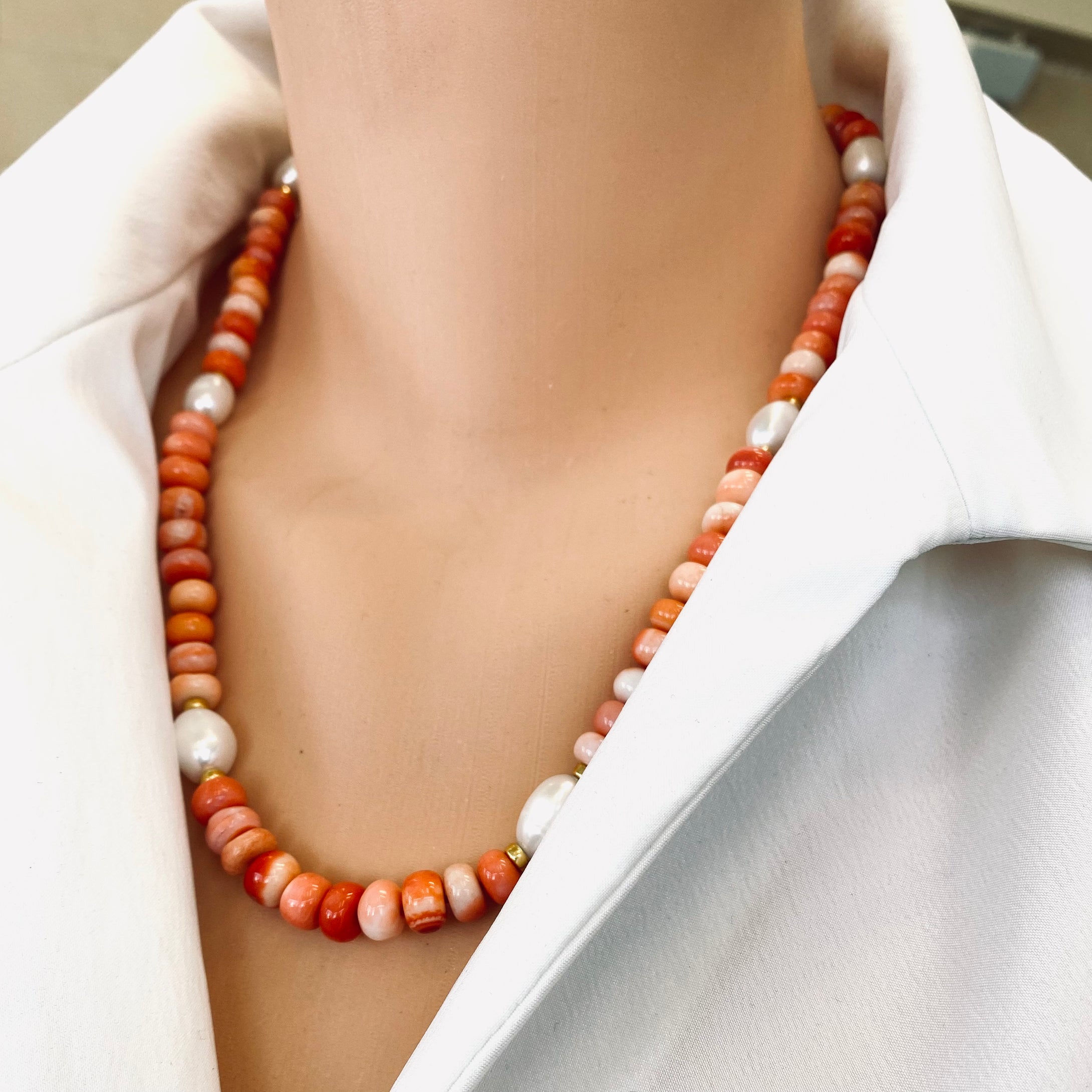 Fire Red Opal Candy Necklace with White Fresh Water Pearls, 21
