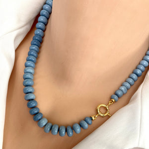 Graduated Oregon blue smooth opal candy necklace 8-11mm with gold vermeil plated sterling silver marine closure, measuring 18 or 19 inches. This modern opal jewelry piece features denim blue tones and is a perfect gift for her.