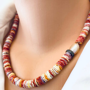 Multi Pectin Shell Heishi Beads Necklace w a Single Pearl & Diamond Pave Details, 18"in