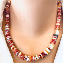 Cargar imagen en el visor de la galería, Multi Pectin Shell Heishi Beads Necklace w a Single Pearl &amp; Diamond Pave Details, 18&quot;in
