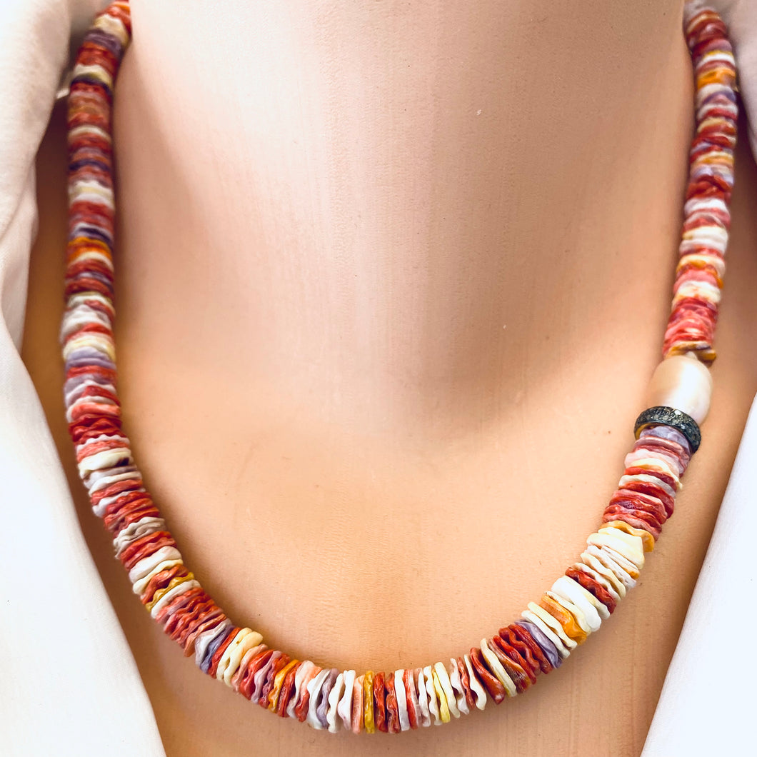 Multi Pectin Shell Heishi Beads Necklace w a Single Pearl & Diamond Pave Details, 18