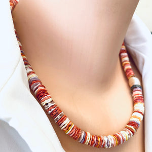 Multi Pectin Shell Heishi Beads Necklace w a Single Pearl & Diamond Pave Details, 18"in
